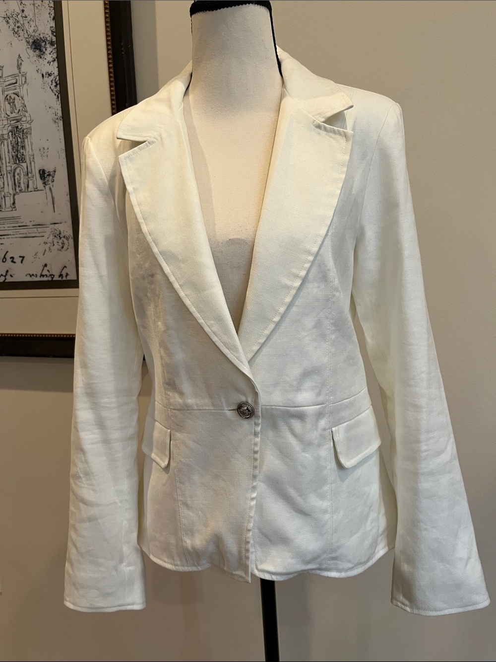 AS by DF Ivory Blazer Jacket Silver Button  Size Small Linen Tailored - Picture 3 of 14